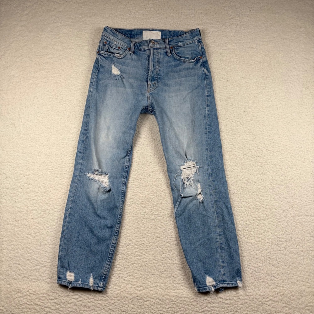 Mother The Tomcat Jeans Womens High Rise Distressed Straight Leg 28 Light Blue
